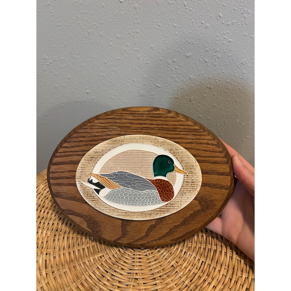 Vintage Wood and Ceramic Mallard Duck Wall Plaque Oval